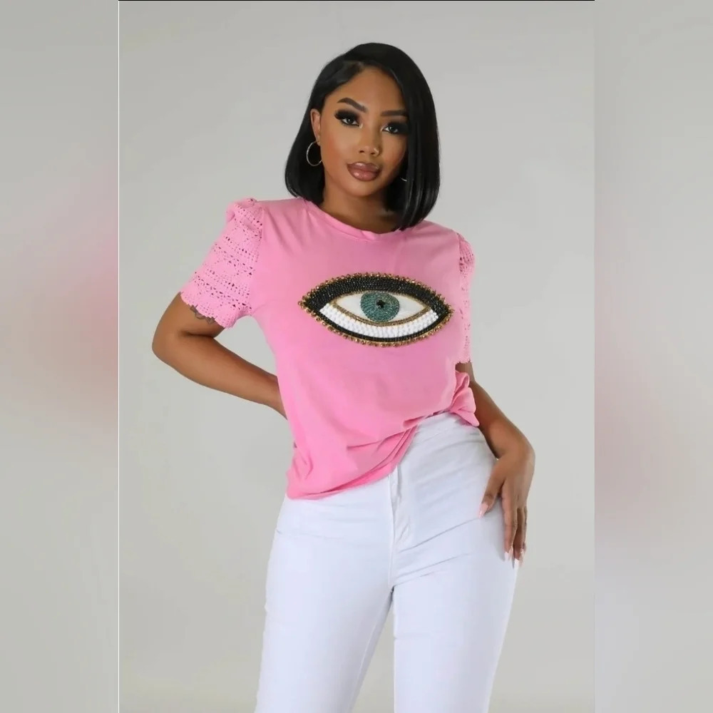 Women's Summer Top: Ginevra Babe Cotton Graphic Tee with Crochet Detail
